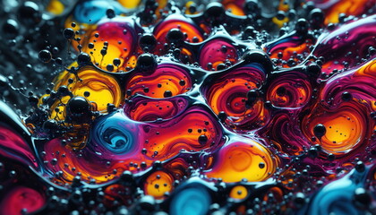 Poster - Close-up of a mesmerizing abstract artwork featuring vibrant, swirling liquids in hues of blue, purple, orange, and yellow, interspersed with large, glossy black bubbles
