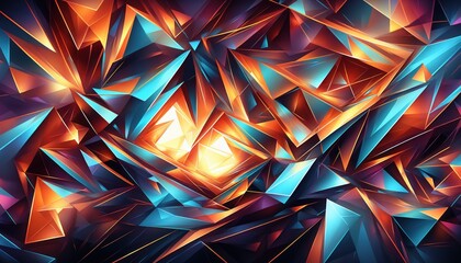 Poster - Digital abstract artwork featuring an intricate pattern of geometric shapes, including triangles and squares, with vibrant color scheme of blue, orange, and red neon hues