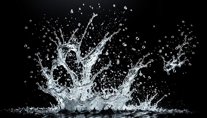 Poster - Water droplet creates a dramatic splash against a black background, showcasing the intricate details of the waters movement and the spray of smaller droplets