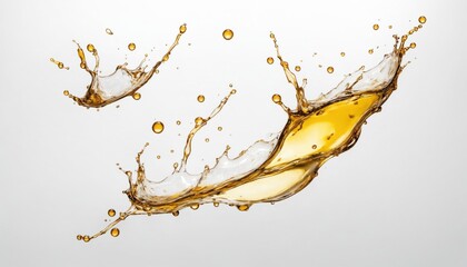 Poster - A high-resolution image capturing the moment a golden liquid splashes against a white background. The image features multiple droplets and a large, graceful splash with intricate details