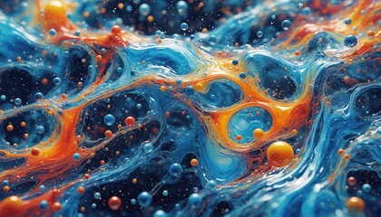 Poster - A stunning close-up photo of blue and orange liquid with bubbles swirling against a dark backdrop, creating a captivating abstract composition