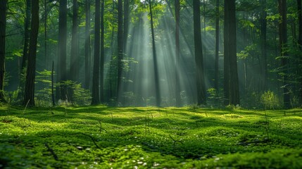 Sticker - a forest with sunbeams shining through the trees