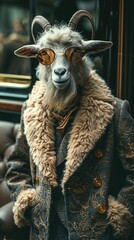 Canvas Print - a goat wearing a coat and sunglasses on a bus