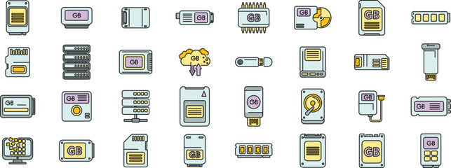 Poster - gigabyte icons set outline vector. big data. cyber disk thin line color flat on white