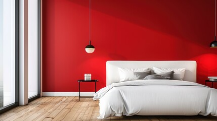 Wall Mural - Minimalist Red and White Bedroom. Generative AI.