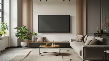 Poster - Interior of a beige living room with a decorated coffee table and sofa, side view mock-up copy space, and a blank wall-mounted television display. A minimalist studio apartment with a smart TV.  