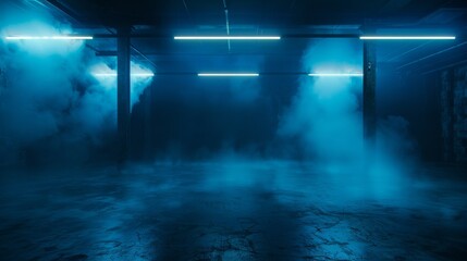 Wall Mural - A dark room with blue lights and smoke, backdrop