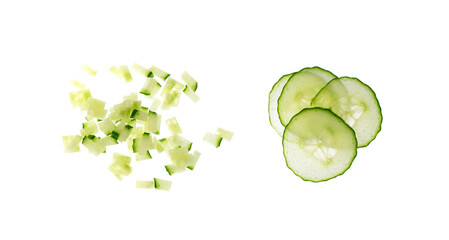 Wall Mural - Cucumber cut isolated, cucumber slices macro, green vegetable cuts for salad isolated, healthy fresh pieces