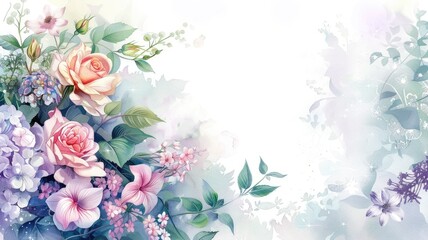 Wall Mural - Soft pastel floral arrangement of roses and hydrangeas. Various flower with colorful pastel watercolor style with white color. Springtime flowers concept for wallpaper, tile and greeting cards. AIG53F