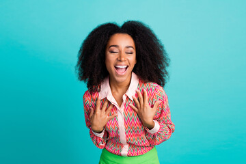 Canvas Print - Photo of cheerful funky lady dressed print blouse smiling empty space isolated blue color background