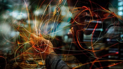 Aufkleber - A persons silhouette is silhouetted against a background of swirling, colorful lines, representing digital manipulation and coding