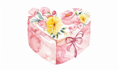 Wall Mural - Heart-shaped gift box with flowers, perfect for Valentine's, Christmas, birthdays, Mother's Day, and more. Includes empty text space. Minimalist 