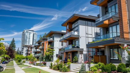 Poster - A row of contemporary apartment buildings with balconies, green landscaping, and a clear blue sky in Vancouver