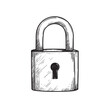 © Sketch Master - Modern closed padlock. Hand drawn sketch of safety and security symbol. Retro style. Vector illustration isolated on white.