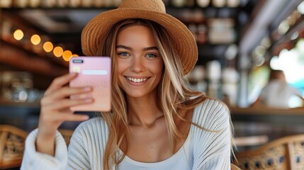 Wall Mural - A young woman in a straw hat and sweater smiling as she takes a selfie with her smartphone at a warmly lit outdoor cafe, capturing a moment of joy and relaxation.