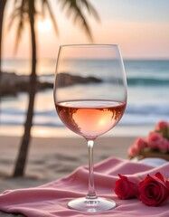 Close up view of rose wine glass at a beach on towel with a blurred elegent background of a beach scene