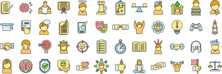Poster - coping skills icons set outline vector. love stress. breath anxiety thin line color flat on white