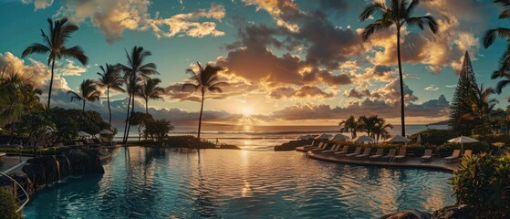 Wall Mural - panoramic view of the hotel pool and beach at sunset in Hawaii, palm trees, clouds Generative AI