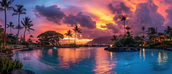 panoramic view of the beautiful pool at sunset with palm trees and lights in the background, hawaii beach resort, with an ocean view, hawaiian style hotel complex with lots of plants Generative AI