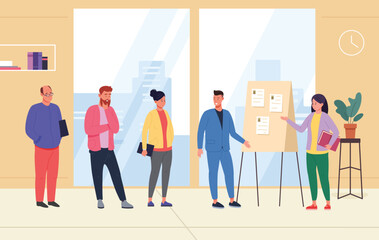 Poster - Explaining manager. Woman and man team manager or business coach at clipboard explains work processes, meeting whiteboard presentation company training lecture illustration
