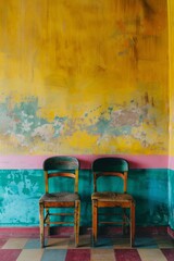 Two vintage chairs in front of a painted wall. Colorful background