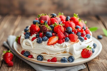 Wall Mural - pavlova creamy with white plate and wooden background