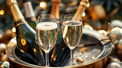 Two elegant glasses of champagne stand ready to be sipped alongside several champagne bottles in a festive and celebratory setting, accentuated by glowing lights.