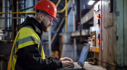 Poster - Industrial worker in high visibility vest and hard hat using a laptop on the job