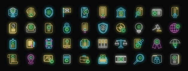 Wall Mural - Copyright law icons set outline vector. Author contract. Property patent neon color on black