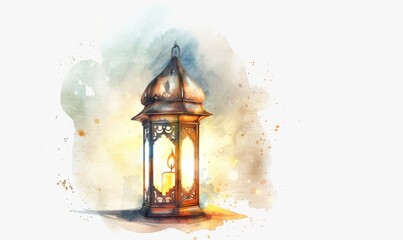 Wall Mural - Ornamental Arabic lantern with burning candle glowing at night. Festive greeting card, invitation for Muslim holy month Ramadan Kareem Digital illustration, white background, watercolor 