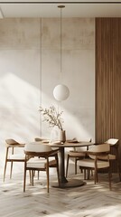 Wall Mural - Minimalist Dining Area with Sleek Wooden Table and Cozy Decor