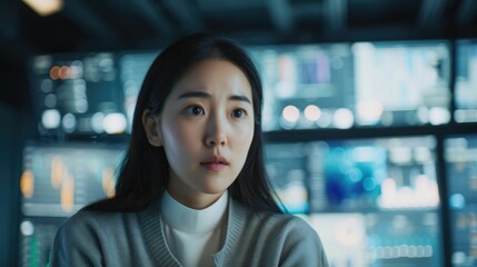 Poster - The picture of the asian professional female scientist researcher working inside the laboratory analyzing the samples, the researcher require skills like experience and good research methods. AIG43.