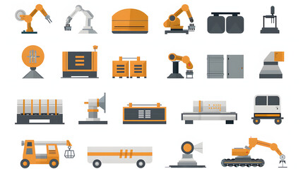 set of simple production line icons isolated on white background, cinematic, png