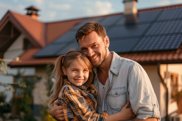 A Caucasian family hugs in front of a house powered by solar panels.