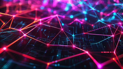 A vibrant illustration of a futuristic neon network with interconnected nodes and glowing lines, representing advanced digital technology and connectivity.
