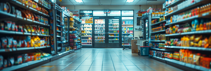 Selective focus of A view of the aisles in a convenience store with no people around.