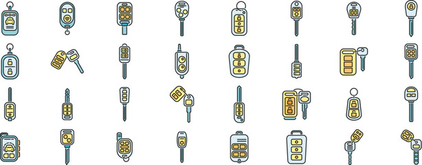 Poster - car alarm system icons set outline vector. car key. fob chain thin line color flat on white
