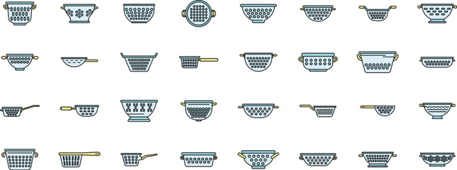 Wall Mural - Colander icons set outline vector. Cook strainer. Food cooking thin line color flat on white