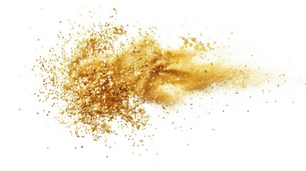 Golden Glitter Explosion Metallic Decoration White Background Isolated Golden Glitter Powder Spark Blink Celebration, Blur Foil Part Explode In Air, Fly Throwing Gold Glitters Particle Shape