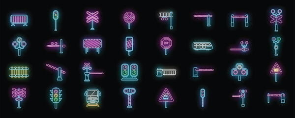 Sticker - Railway crossing icons set outline vector. Signal alert. Gate rail neon color on black