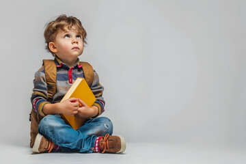 Portrait of kid boy with backpack and holding book on color background. Back to school.