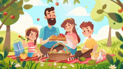 A cheerful illustration of a family of four having a picnic with fruits and bread under green trees, characterized by bright colors and a playful cartoon style, showcasing family bond.