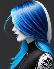 Sexy hair model in black and white silhouette with blue and black hair, illustration