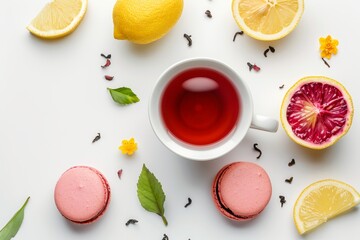 Poster - Creative layout of hibiscus tea macaroons and lemon on white background top view