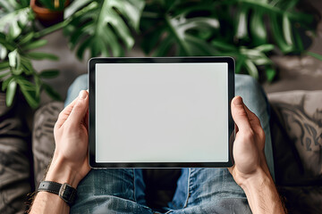 Male hands holding tablet with blank white empty screen, concept of technology use in everyday life, mockup tablet