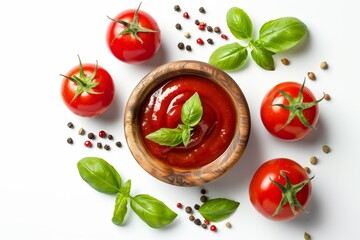 Canvas Print - Delicious ketchup in wooden bowl with fresh tomatoes and herbs top view