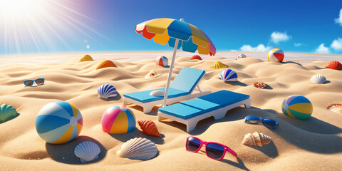 Canvas Print - summer beach illustration, beach elements, umbrella, background for text