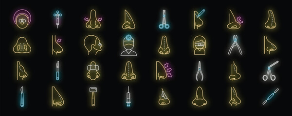 Poster - Rhinoplasty icons set outline vector. Human nose. Woman anatomy neon color on black