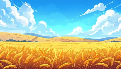 Wall Mural - Golden Wheat Field Under a Sunny Summer Sky With Rolling Hills, cartoon