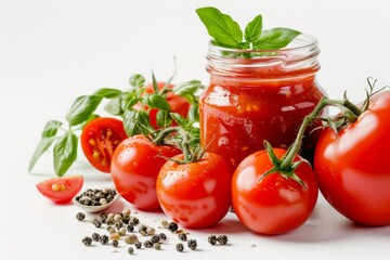 Sticker - Glass jar of homemade tomato sauce tomatoes herbs on white surface